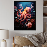 Coral Teal Octopus Dance - Marine Animals Framed Canvas Art
