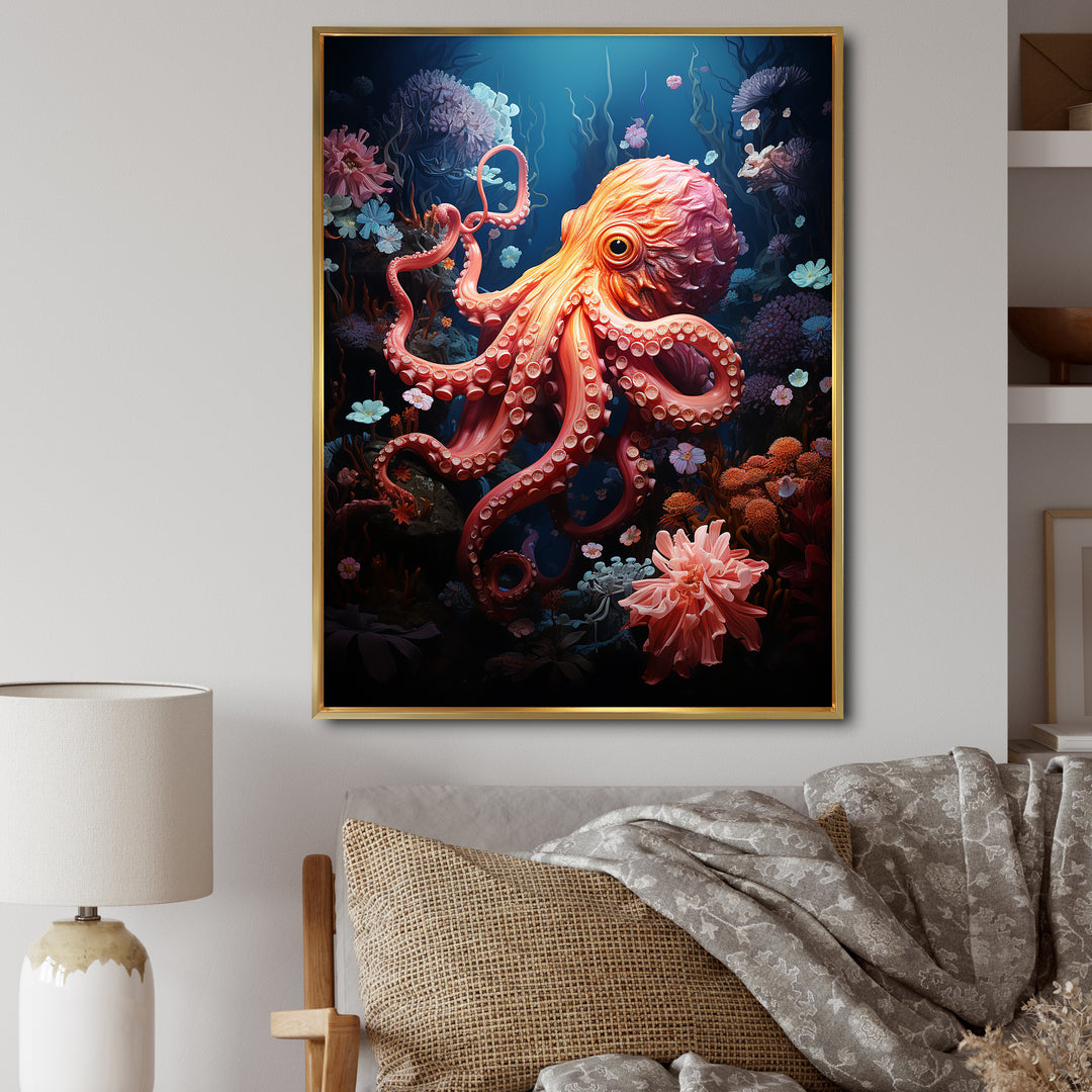 Coral Teal Octopus Dance - Marine Animals Framed Canvas Art