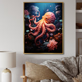 Coral Teal Octopus Dance - Marine Animals Framed Canvas Art