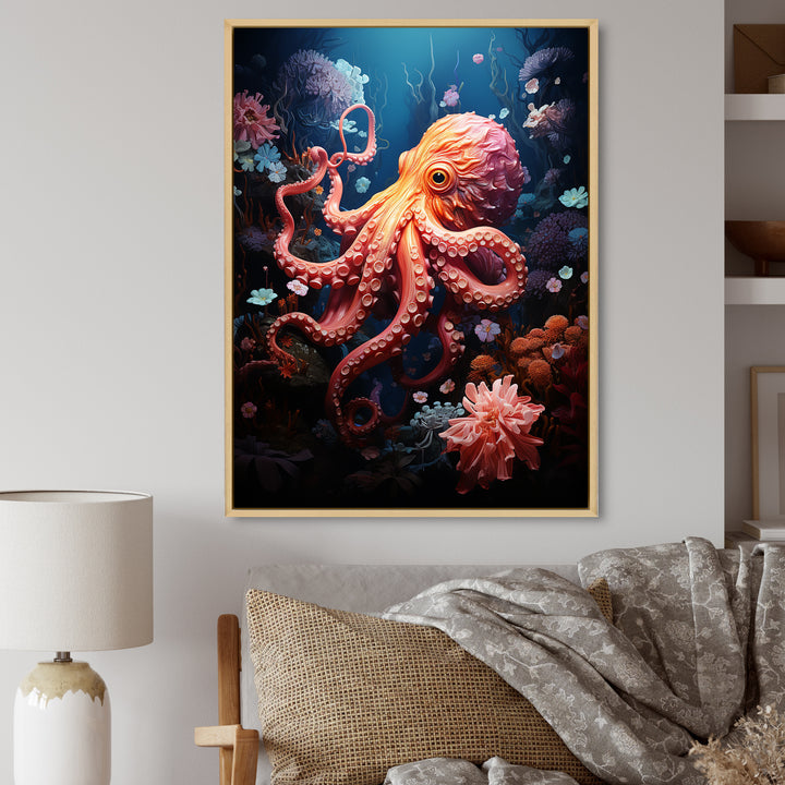 Coral Teal Octopus Dance - Marine Animals Framed Canvas Art
