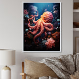 Coral Teal Octopus Dance - Marine Animals Framed Canvas Art