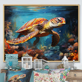 Green Blue Turtle Underwater Symphony - Marine Animals Canvas Wall Art