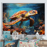 Green Blue Turtle Underwater Symphony - Marine Animals Canvas Wall Art