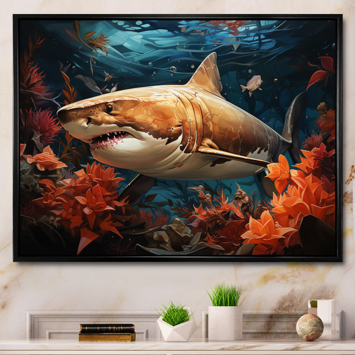 Grey Orange Shark Underwater Symphony - Marine Animals Canvas Wall Art