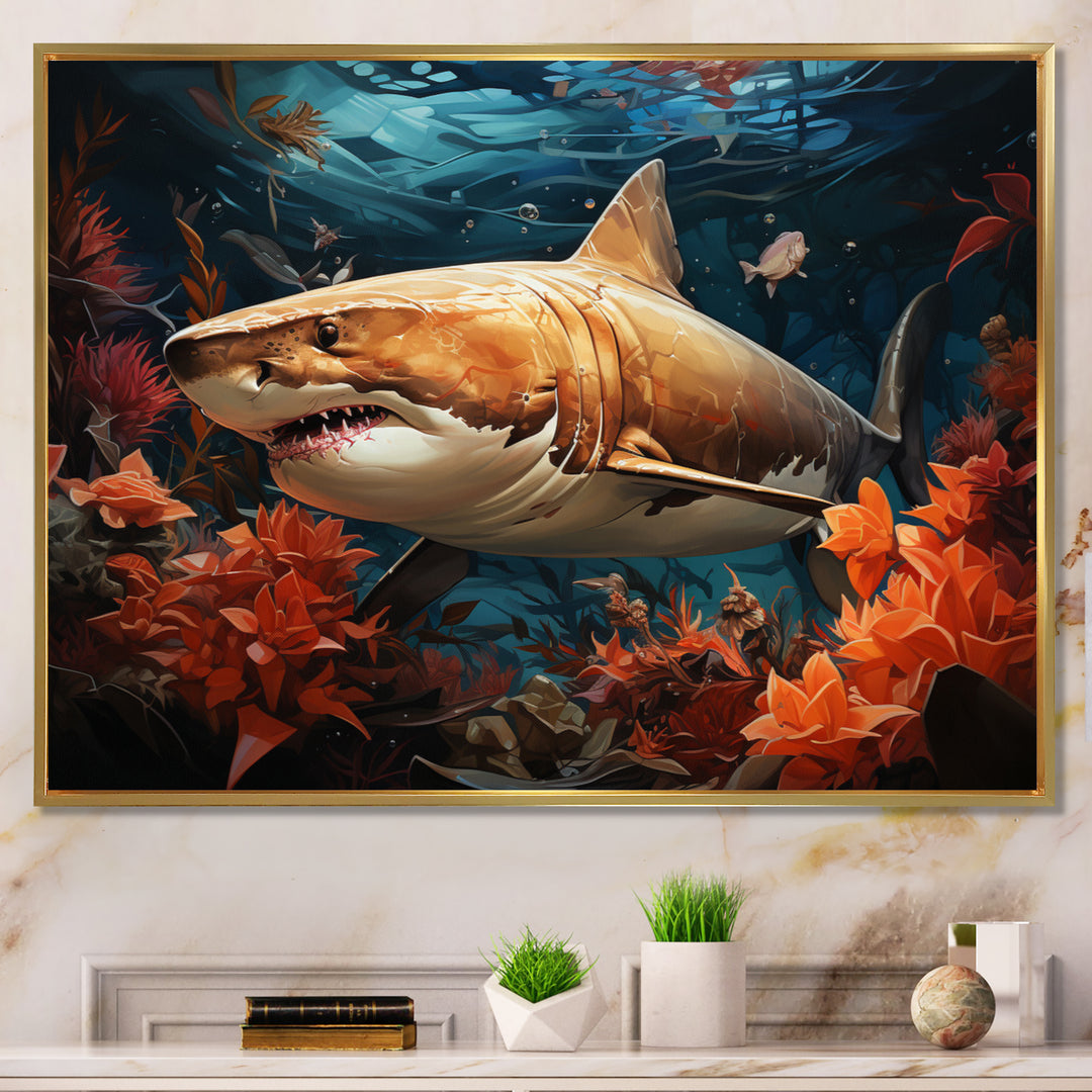 Grey Orange Shark Underwater Symphony - Marine Animals Canvas Wall Art