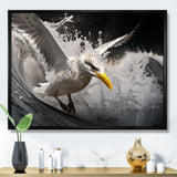 Grey Yellow Seagull Surfing On Waves - Marine Animals Wall Decor