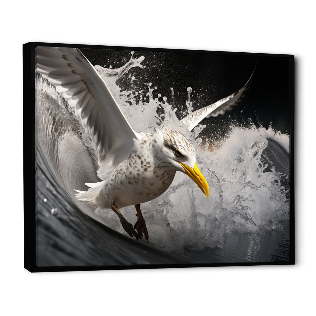 Grey Yellow Seagull Surfing On Waves - Marine Animals Wall Decor