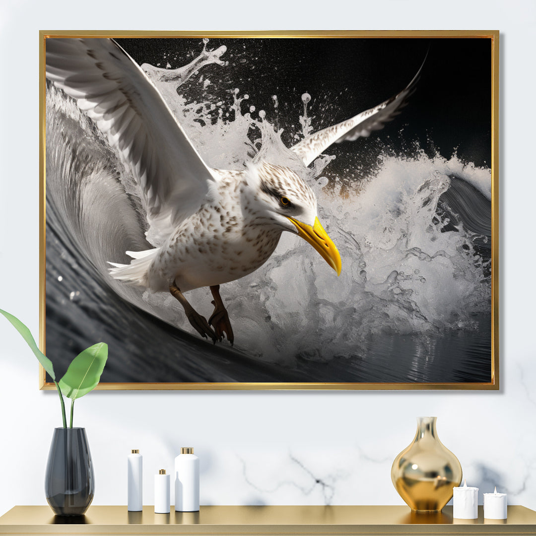 Grey Yellow Seagull Surfing On Waves - Marine Animals Wall Decor