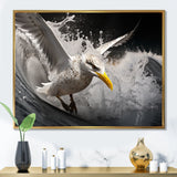 Grey Yellow Seagull Surfing On Waves - Marine Animals Wall Decor