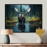 Green Moose Forest Dusk - Moose Framed Canvas Art