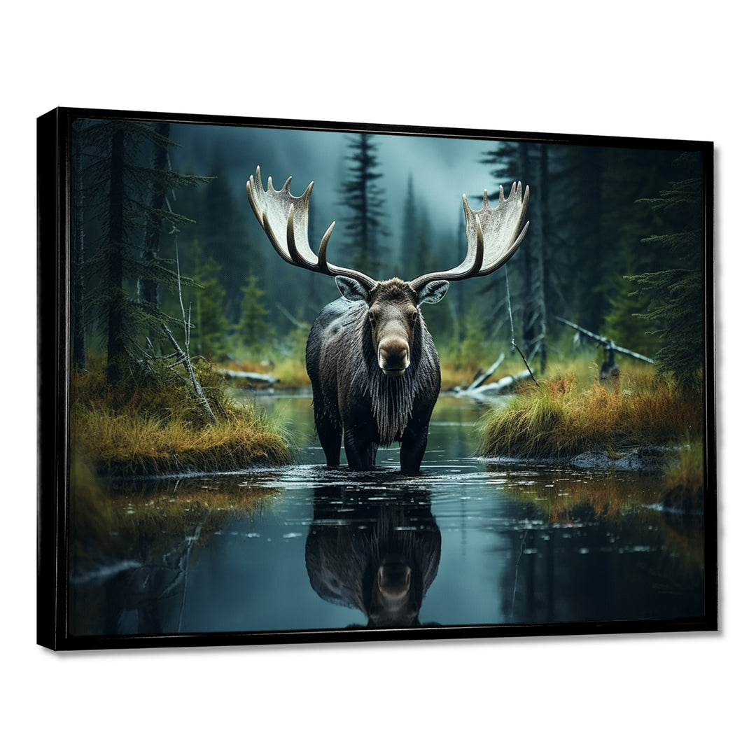 Green Moose Forest Dusk - Moose Framed Canvas Art