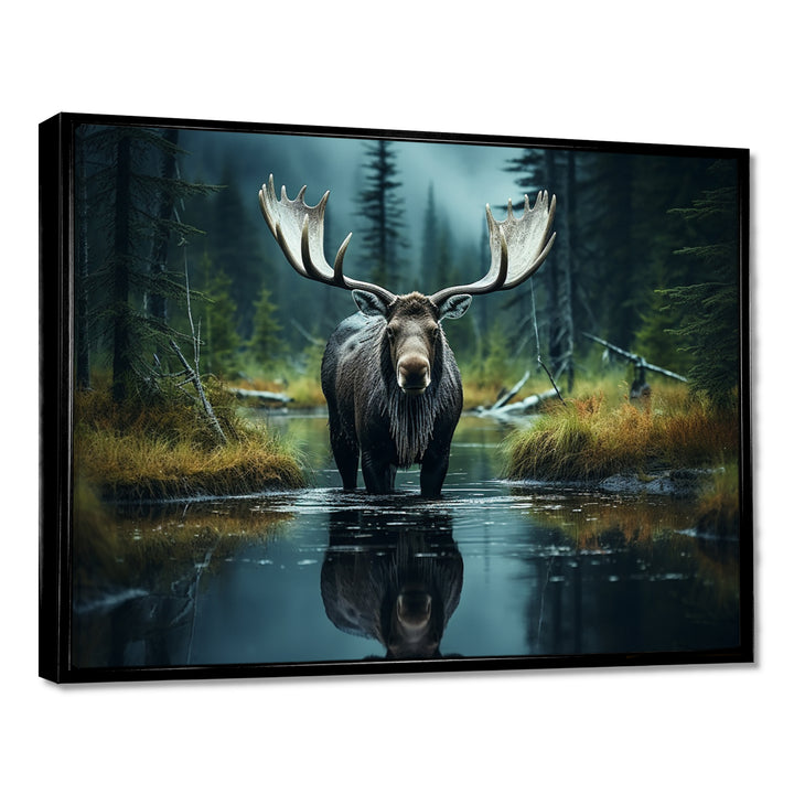 Green Moose Forest Dusk - Moose Framed Canvas Art