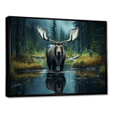 Green Moose Forest Dusk - Moose Framed Canvas Art