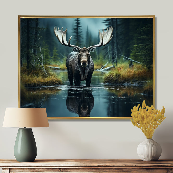 Green Moose Forest Dusk - Moose Framed Canvas Art