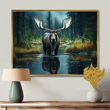 Green Moose Forest Dusk - Moose Framed Canvas Art