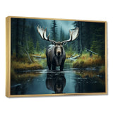 Green Moose Forest Dusk - Moose Framed Canvas Art