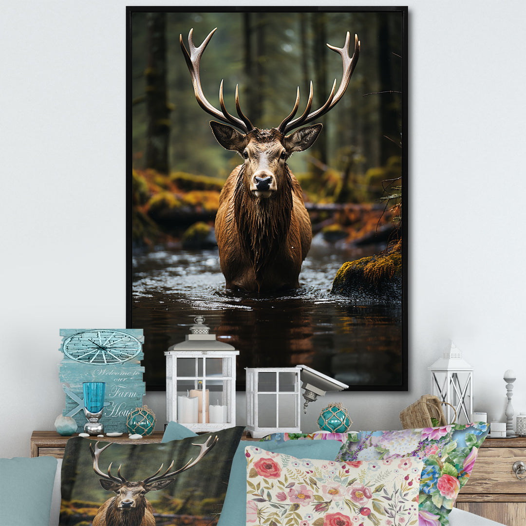 Brown Green Moose Portrait Vibrant - Moose Framed Canvas Art