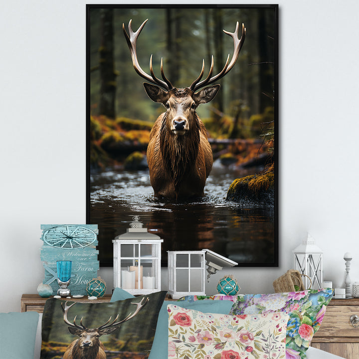 Brown Green Moose Portrait Vibrant - Moose Framed Canvas Art