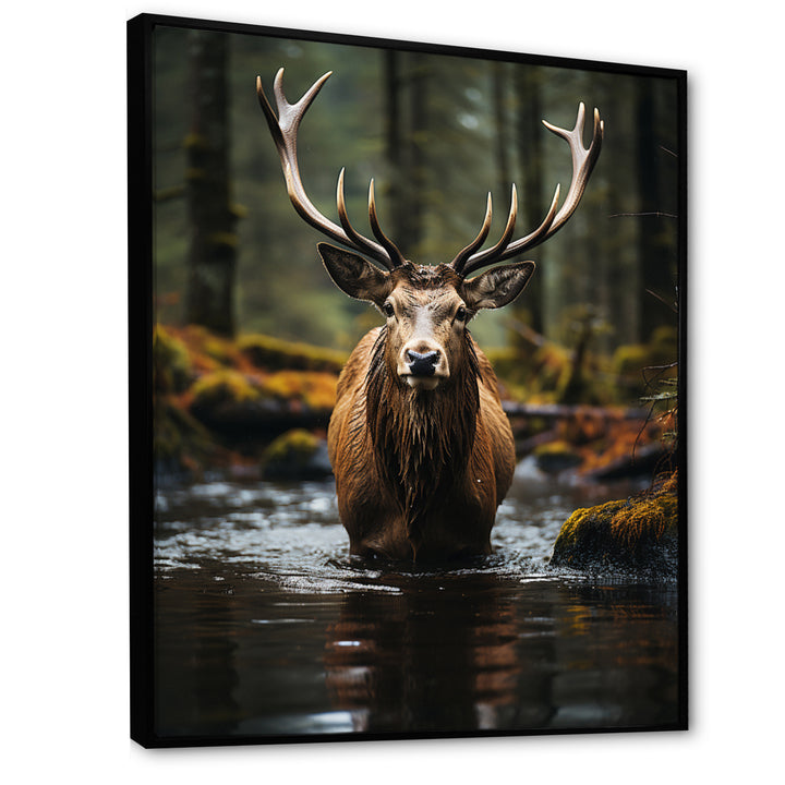 Brown Green Moose Portrait Vibrant - Moose Framed Canvas Art