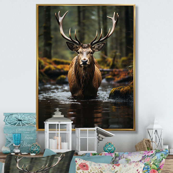 Brown Green Moose Portrait Vibrant - Moose Framed Canvas Art