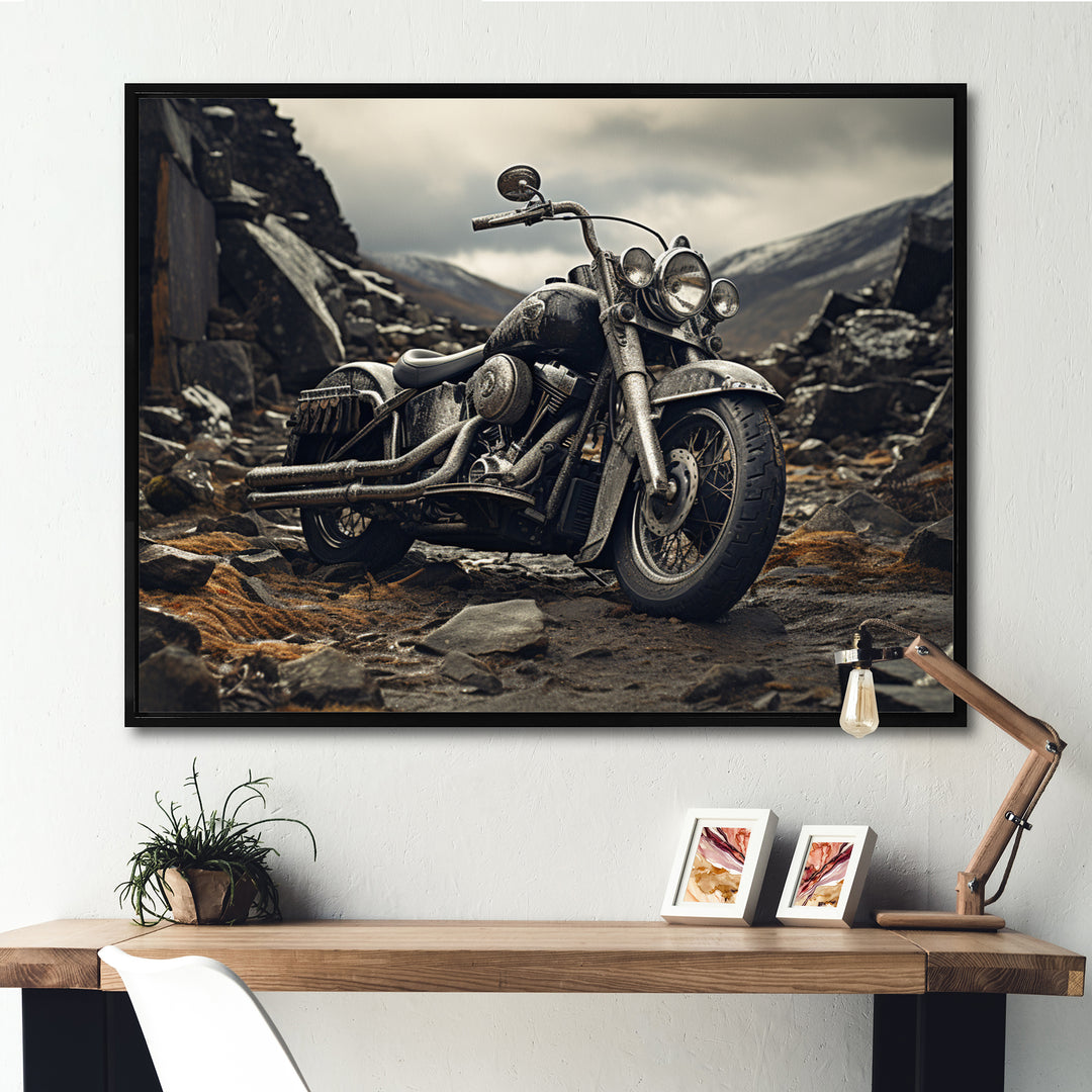 Grey Motorcycle Monochrome Landscape Photography I - Motorcycle Canvas Wall Art