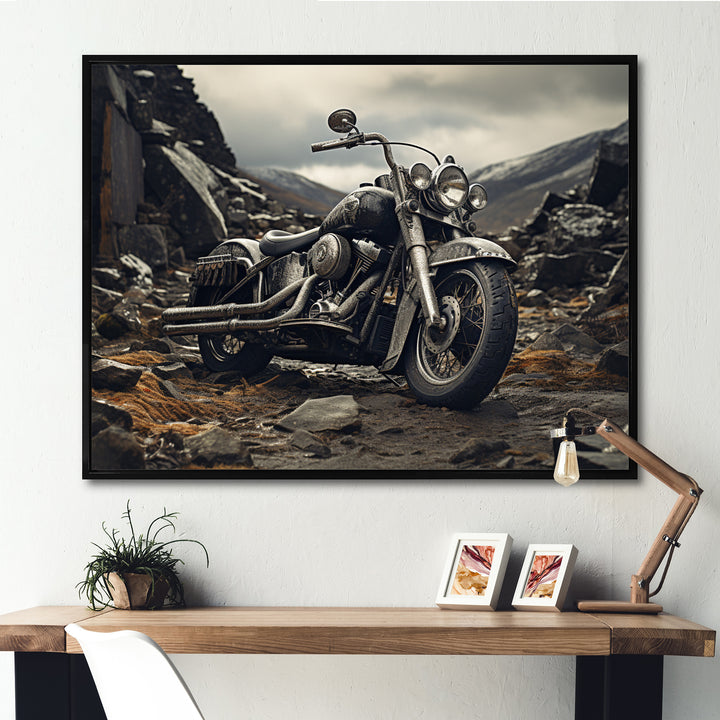 Grey Motorcycle Monochrome Landscape Photography I - Motorcycle Canvas Wall Art
