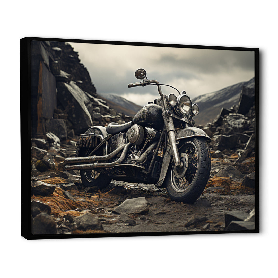 Grey Motorcycle Monochrome Landscape Photography I - Motorcycle Canvas Wall Art