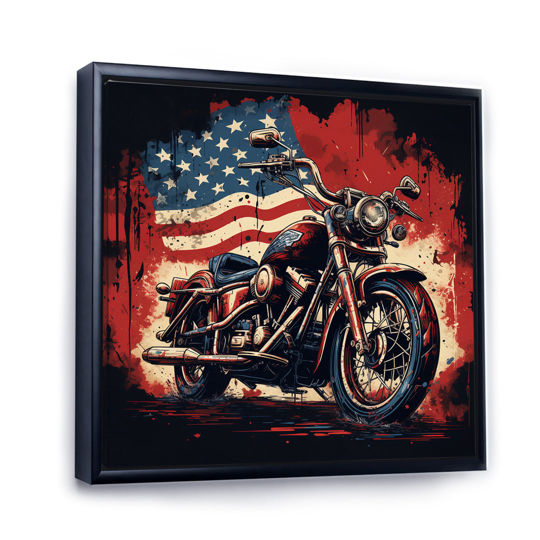 Red Blue Motorcycle American Flag Background - Motorcycle Canvas Wall Art