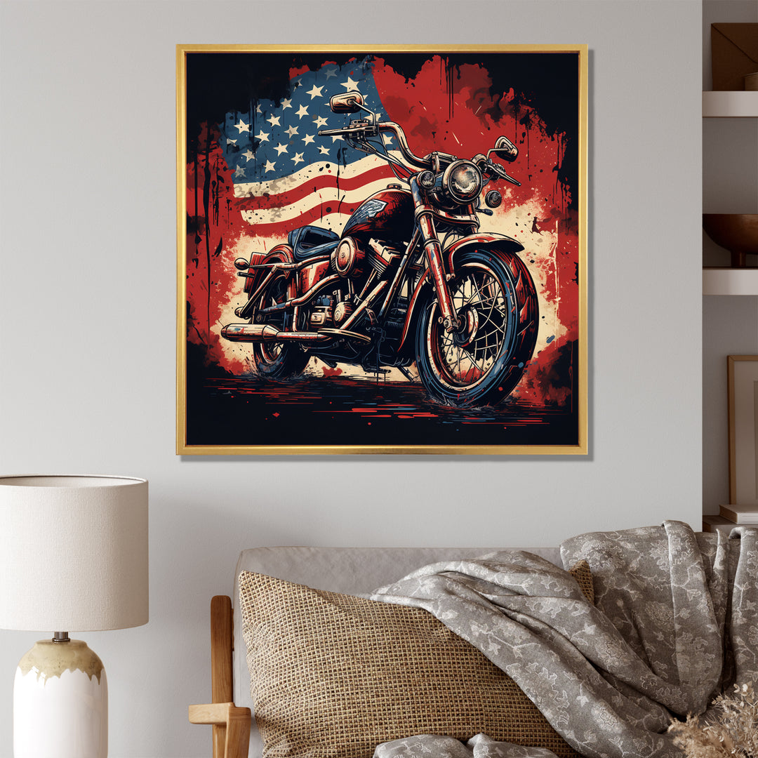 Red Blue Motorcycle American Flag Background - Motorcycle Canvas Wall Art