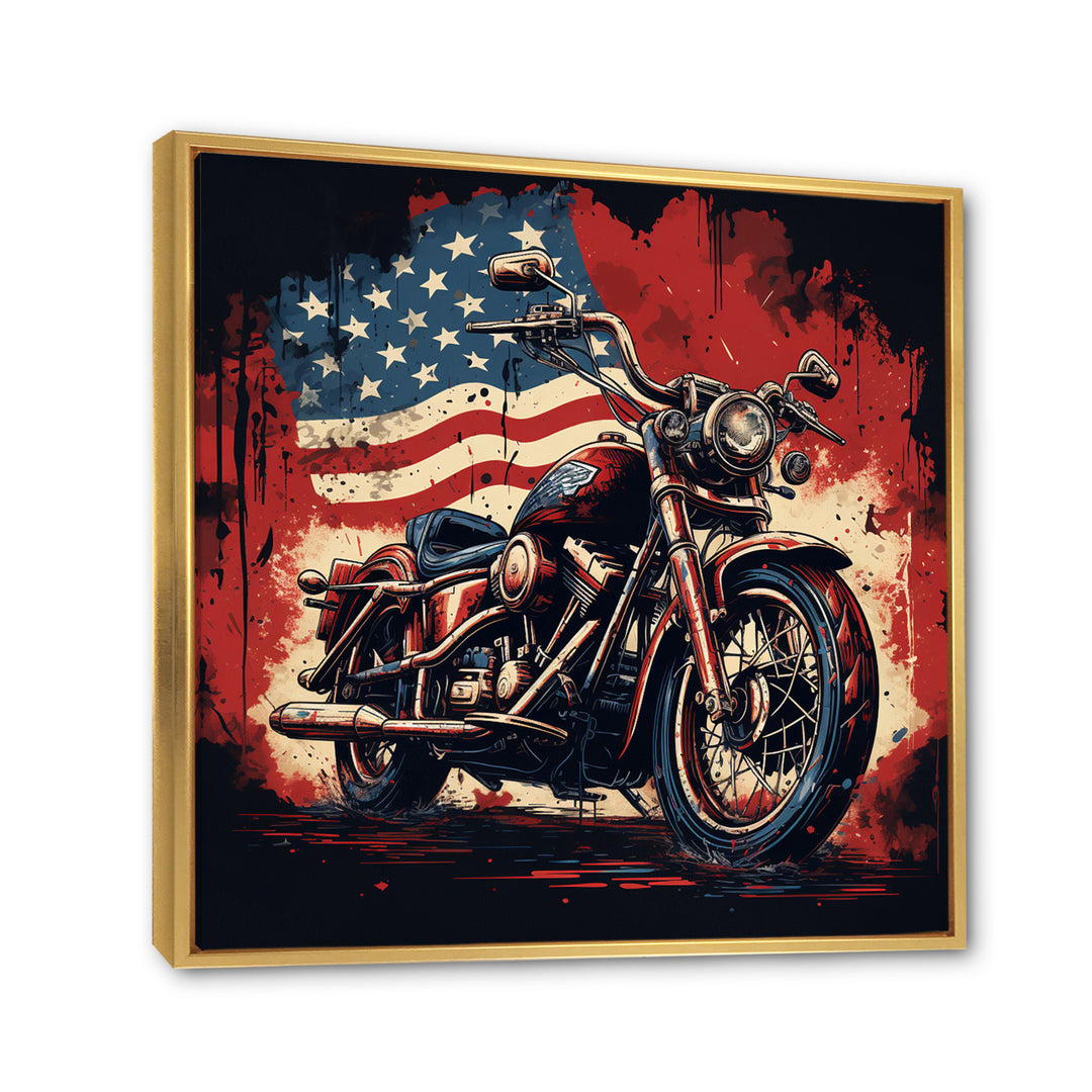 Red Blue Motorcycle American Flag Background - Motorcycle Canvas Wall Art