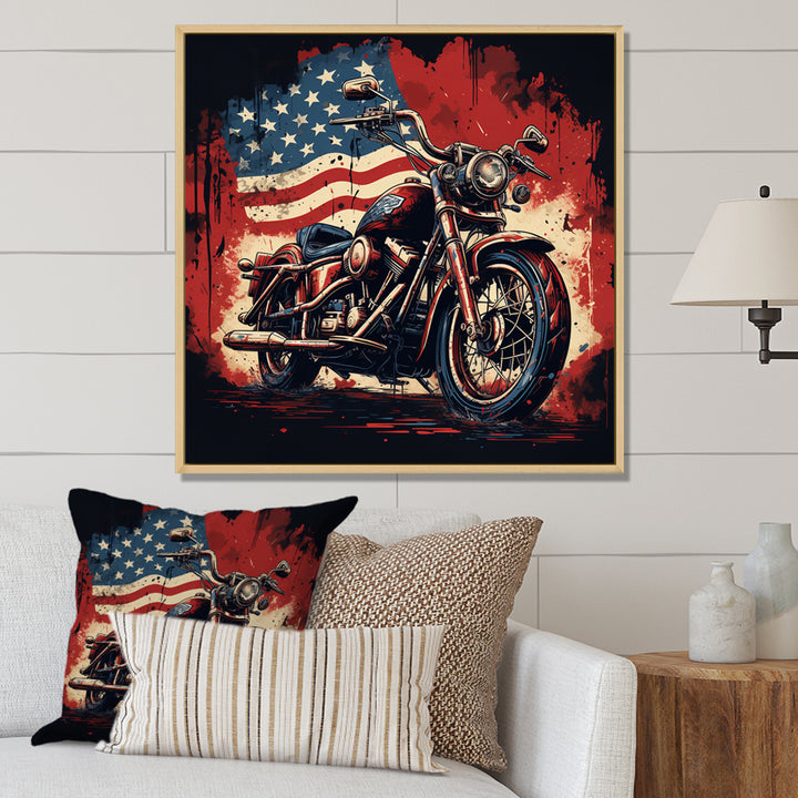 Red Blue Motorcycle American Flag Background - Motorcycle Canvas Wall Art