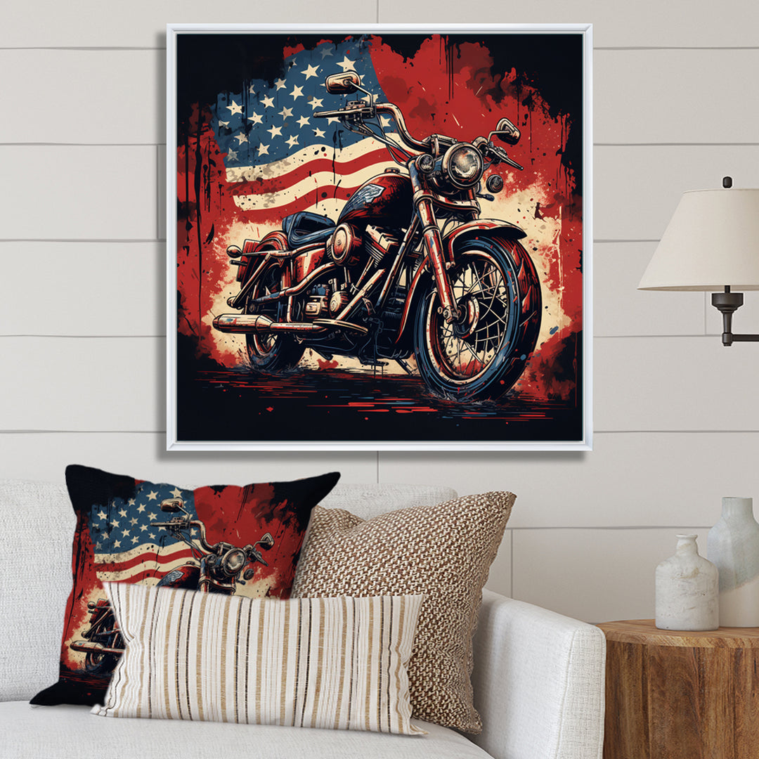 Red Blue Motorcycle American Flag Background - Motorcycle Canvas Wall Art