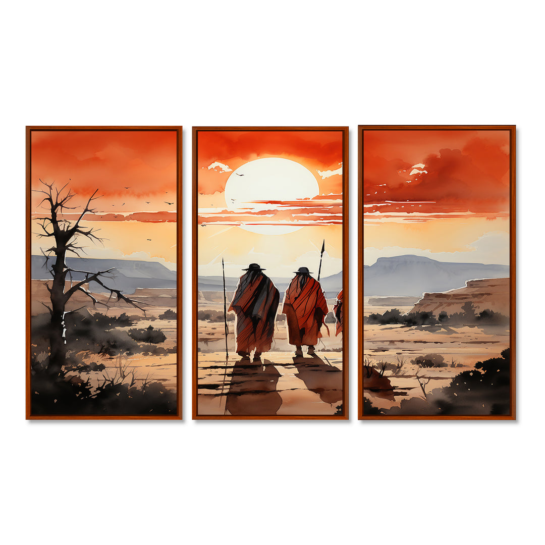 Native Art Guardians Of Prairies - 3-Piece Canvas Wall Art