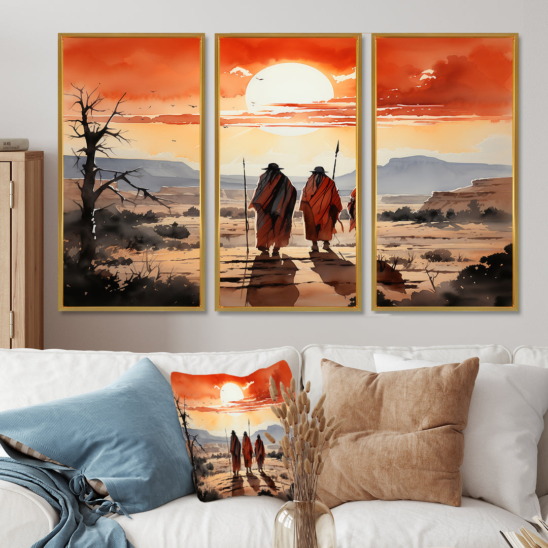 Native Art Guardians Of Prairies - 3-Piece Canvas Wall Art