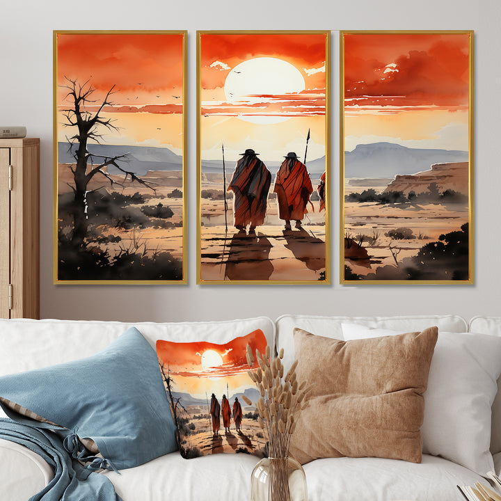 Native Art Guardians Of Prairies - 3-Piece Canvas Wall Art