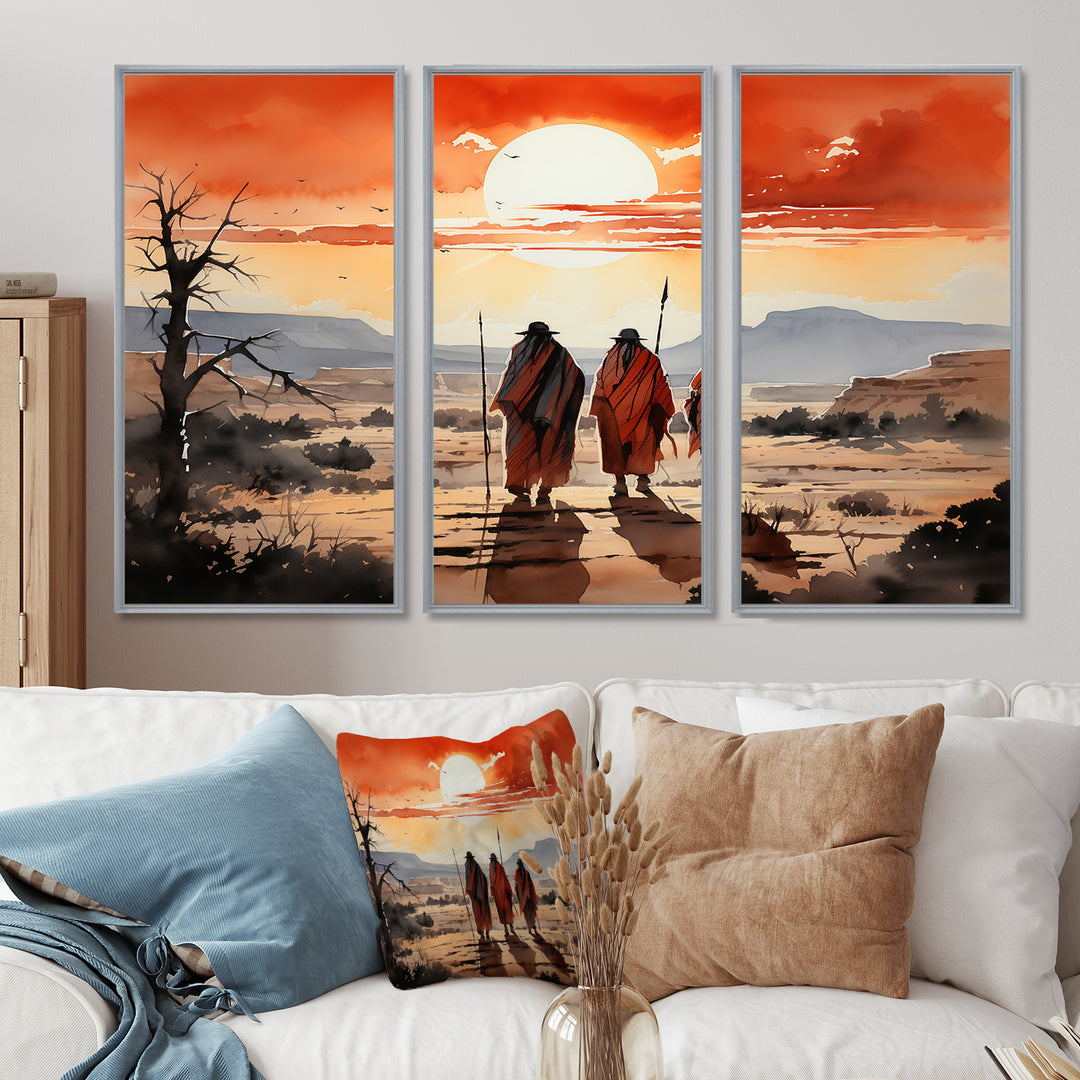 Native Art Guardians Of Prairies - 3-Piece Canvas Wall Art