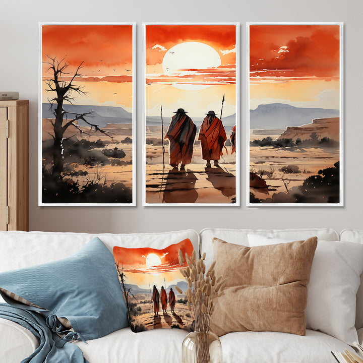 Native Art Guardians Of Prairies - 3-Piece Canvas Wall Art