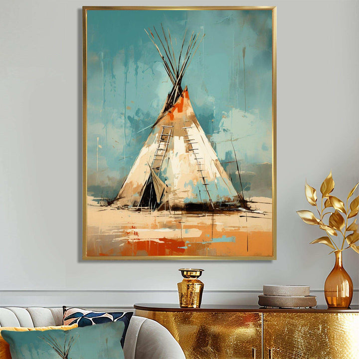 Turquoise Beige Native Tipi Whispers Of Spirit - People Canvas Wall Art