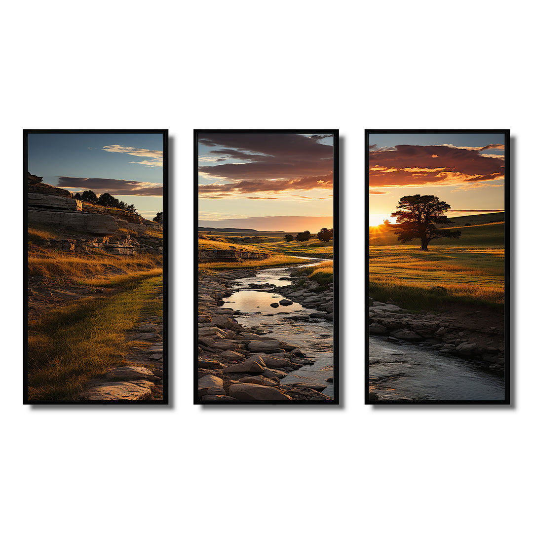 Yellow Green Nebraska Landscape Prairies - 3-Piece Canvas Wall Art