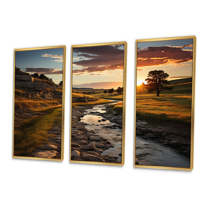 Yellow Green Nebraska Landscape Prairies - 3-Piece Canvas Wall Art