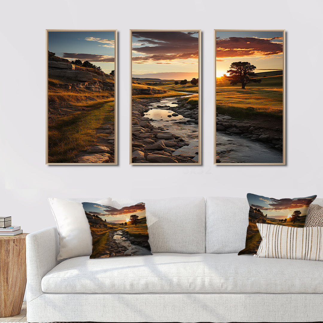 Yellow Green Nebraska Landscape Prairies - 3-Piece Canvas Wall Art