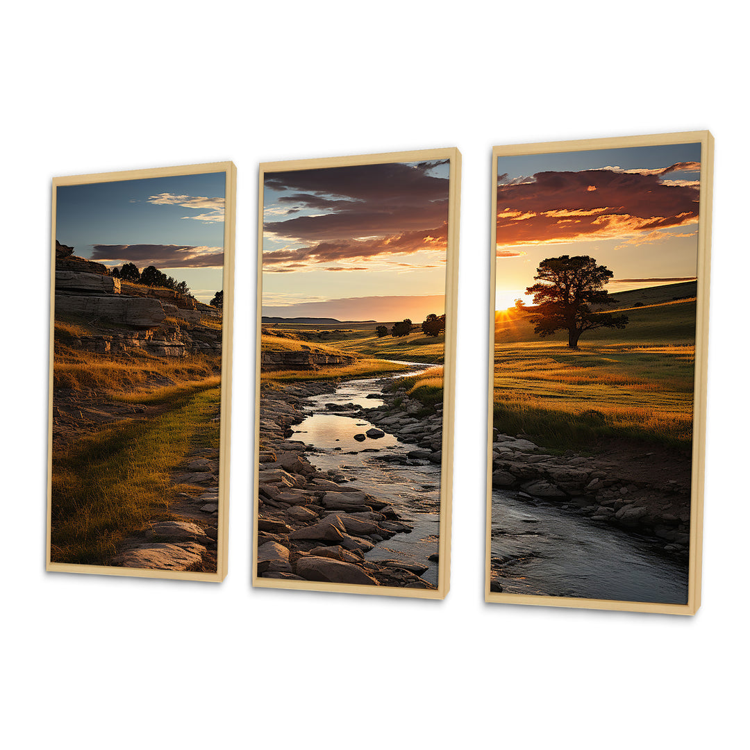 Yellow Green Nebraska Landscape Prairies - 3-Piece Canvas Wall Art