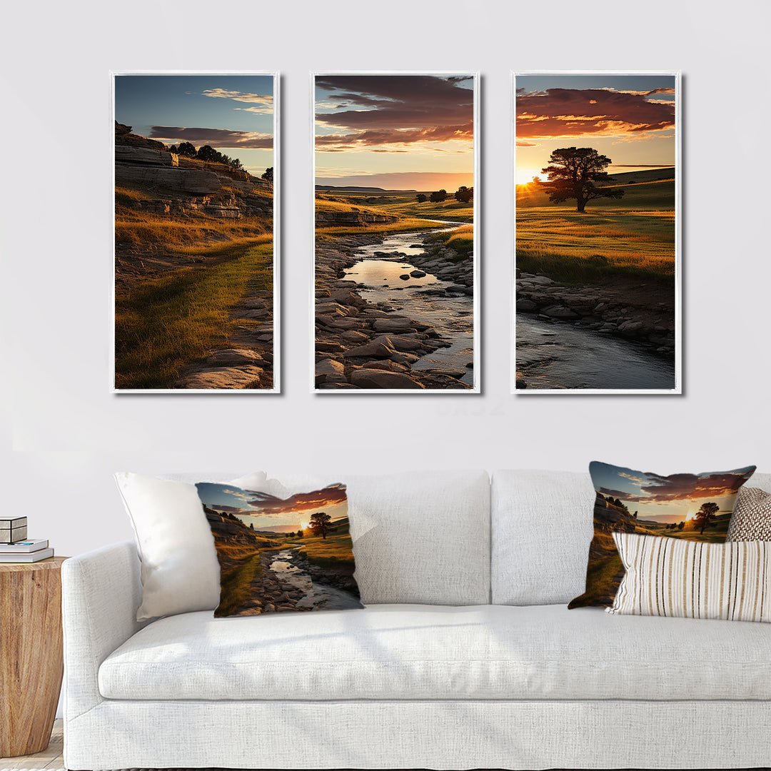 Yellow Green Nebraska Landscape Prairies - 3-Piece Canvas Wall Art