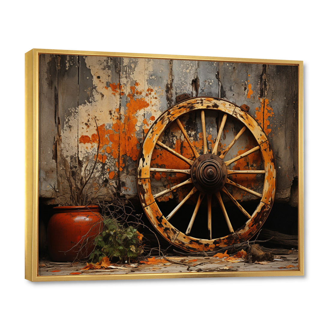 Orange Old Cart Wheels I - Old American Cart Canvas Wall Art