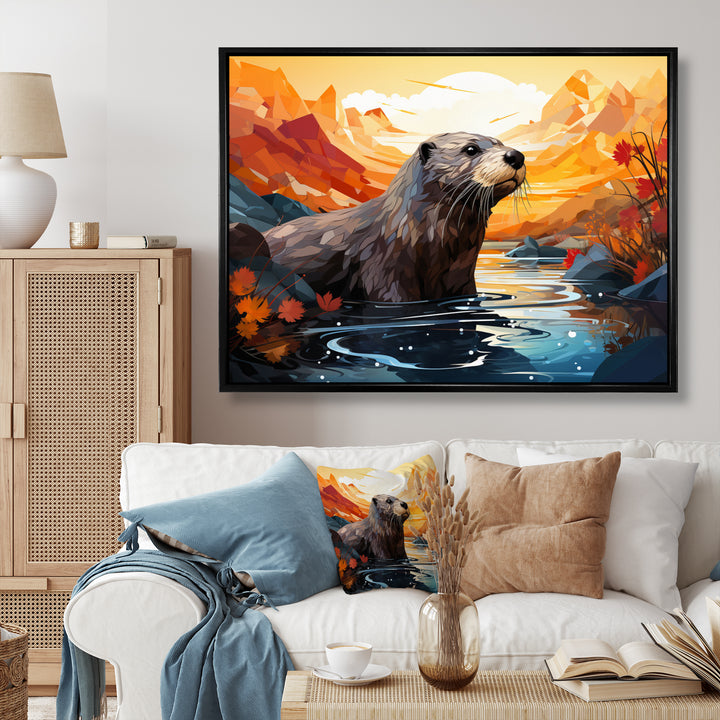 Yellow Otter Playful River Dweller - Otter Canvas Wall Art