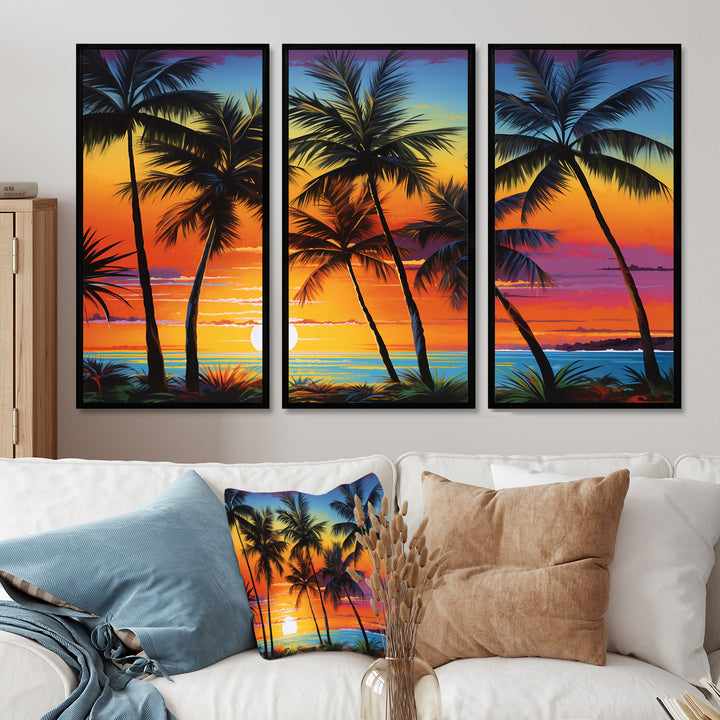 Colorful Bold Palm Trees Landscape IV - Canvas Multipanels Set of 3