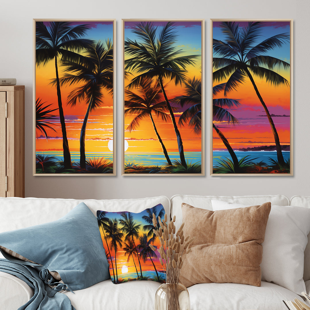 Colorful Bold Palm Trees Landscape IV - Canvas Multipanels Set of 3