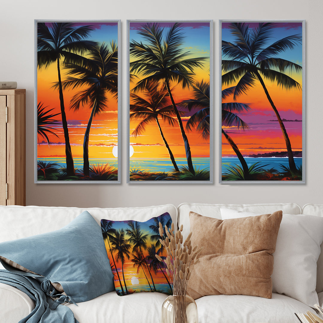 Colorful Bold Palm Trees Landscape IV - Canvas Multipanels Set of 3