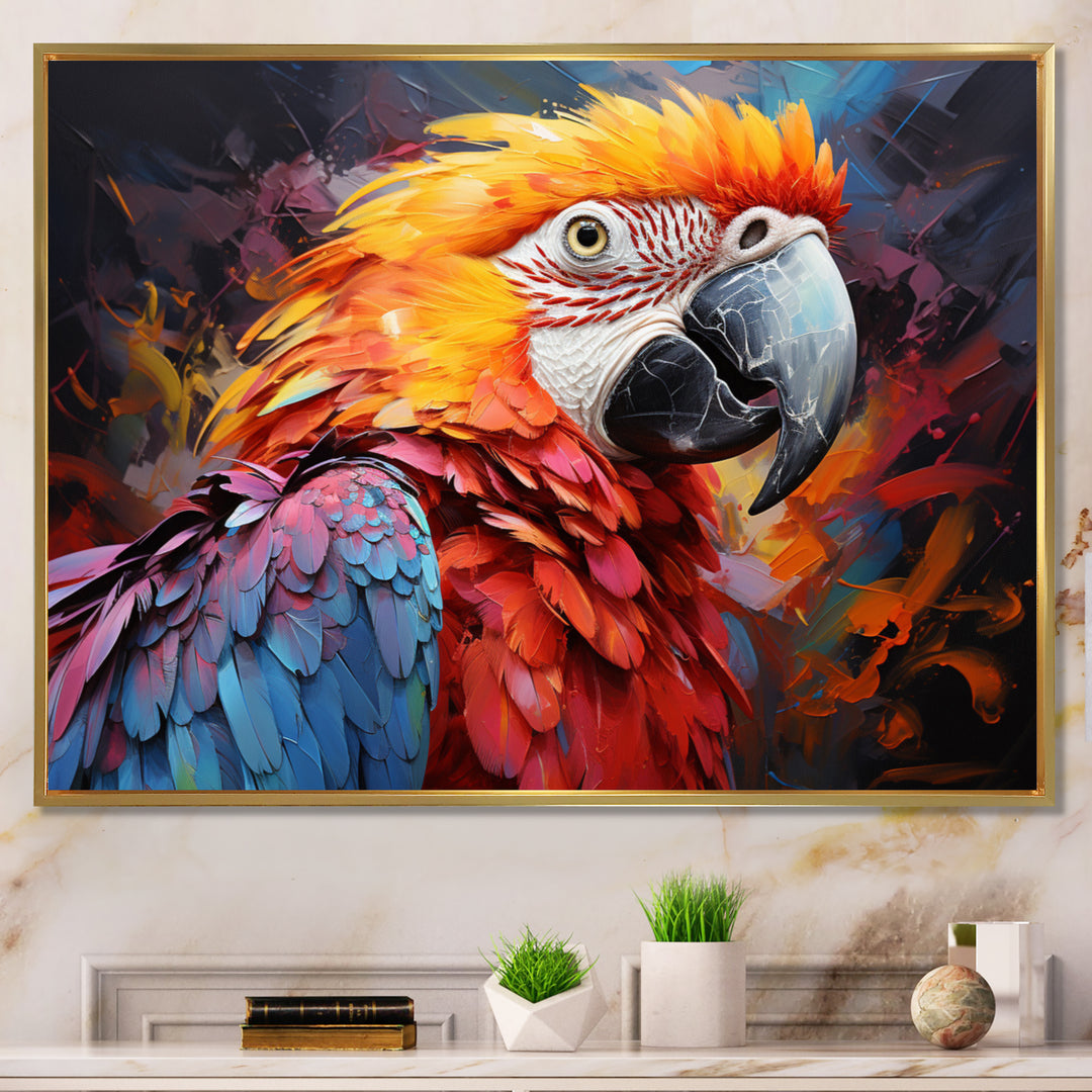 Orange Blue Parrot Vibrant Plumage Collage - Parrot Framed Canvas Art