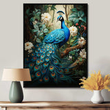 Teal Peacock Monochrome - Animals Canvas Wall Art